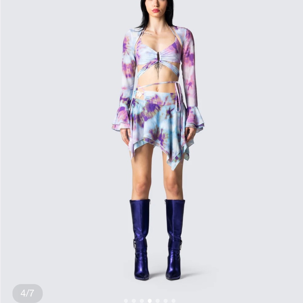 Tie-Dye Three Piece Skirt Set in Pastel Lavender & Blue